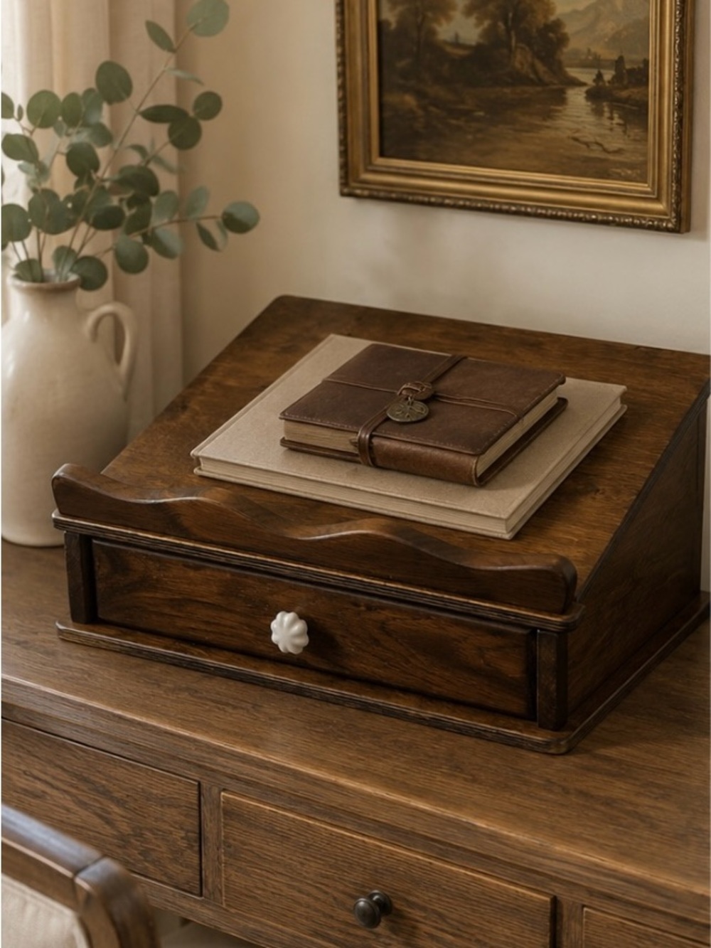 Vintage Large Solid Wood Slanted Desktop Organizer Warm Brown Writing Box Storag